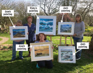 Art Tuition in Pembrokeshire: Students Jean, Vicky and Jan with their completed paintings